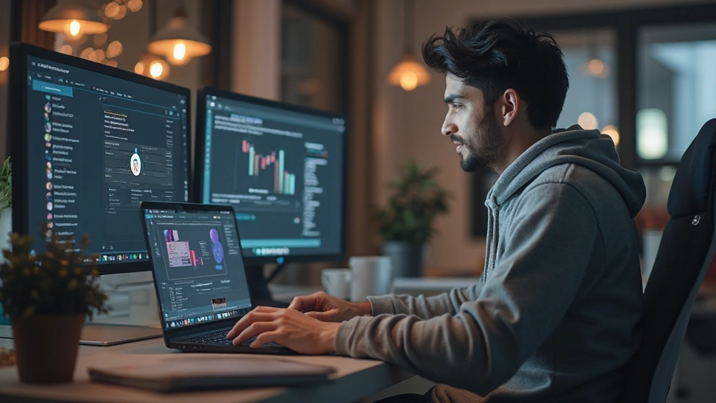 Специалист работает с различными приложениями для совместной работы на компьютере