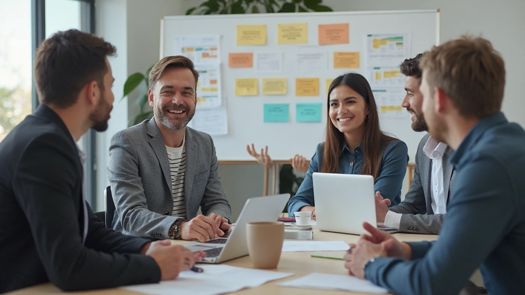 Команда обсуждает задачи на доске проекта, современный офис с ноутбуками