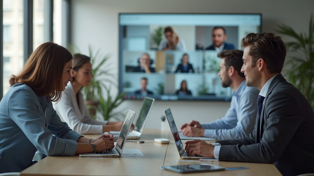 Профессиональные участники проводят видеоконференцию в современном офисе