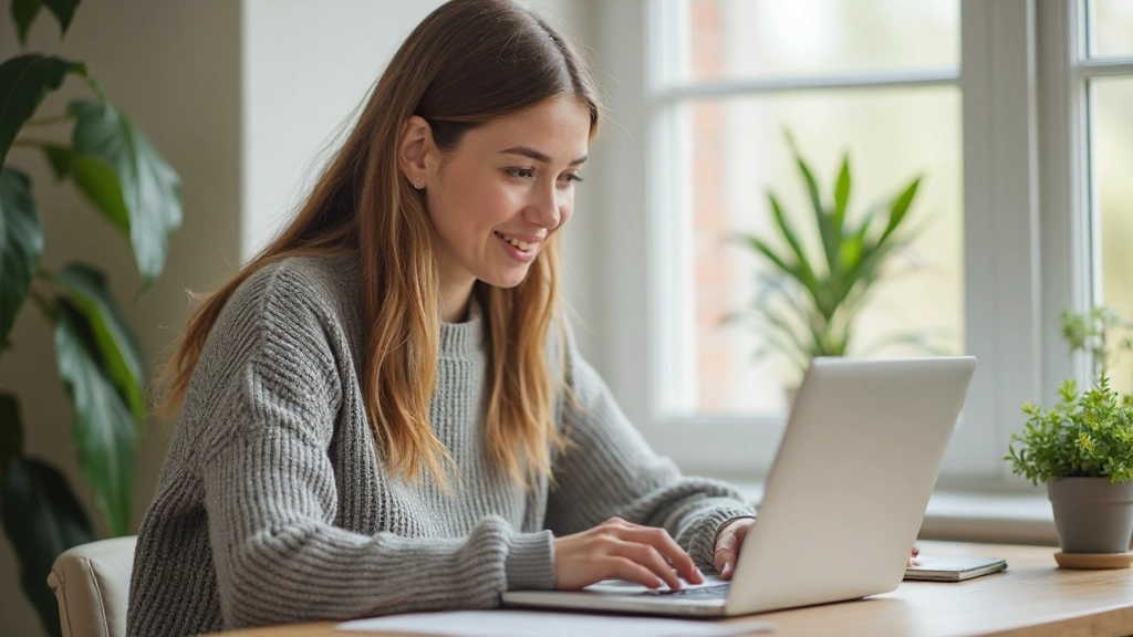 Молодая женщина-сотрудник работает за компьютером в удобной домашней обстановке