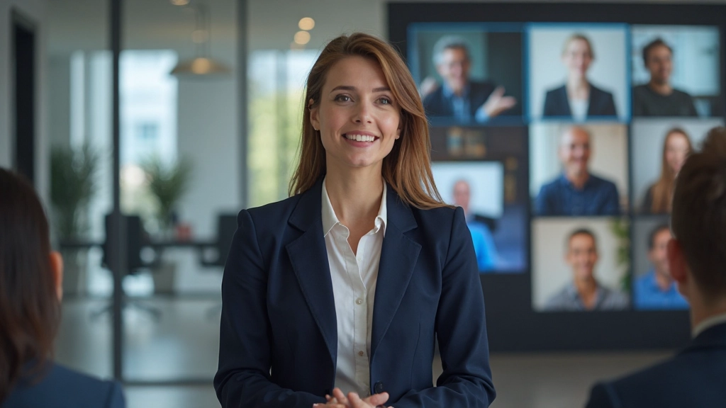 Руководитель проводит презентацию перед командой через видеоконференцию