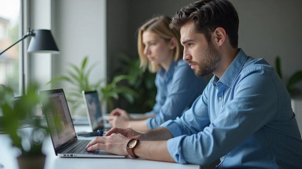 Профессиональный работник участвует в видеоконференции с коллегами, сидя за столом с ноутбуком