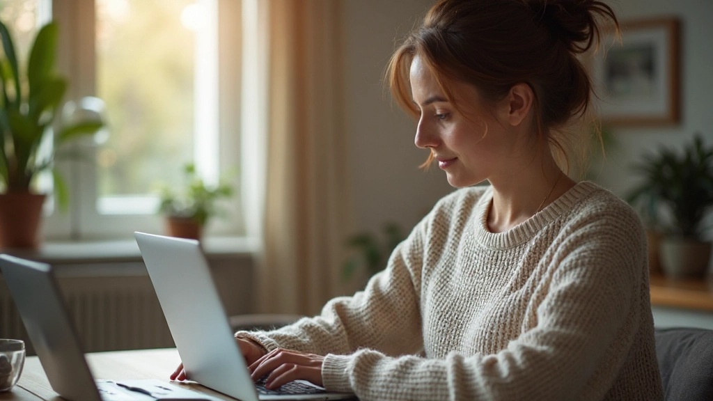 Молодая женщина-сотрудник работает за компьютером в удобной домашней обстановке