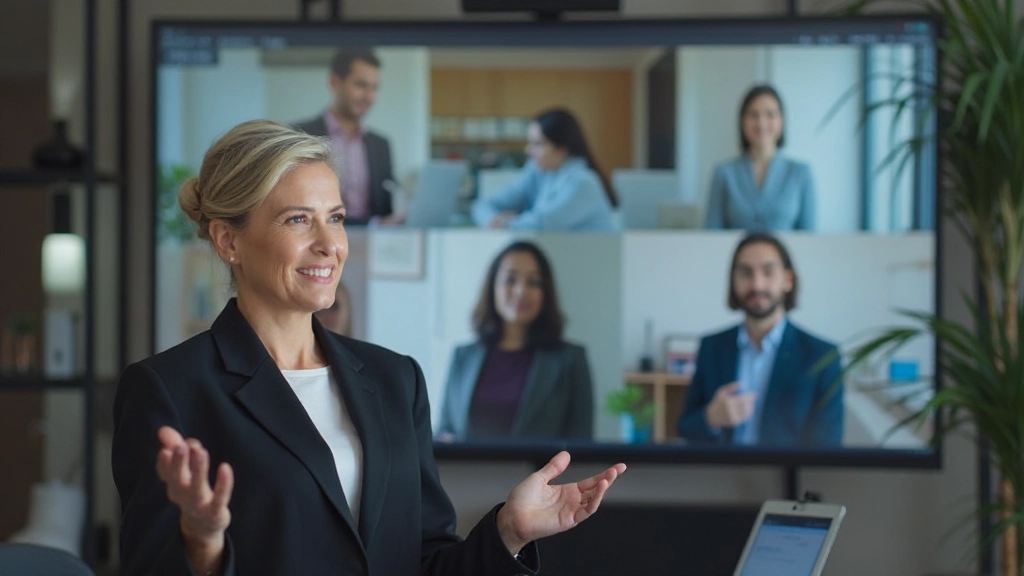 Лидер команды проводит презентацию перед командой на экране монитора, демонстрирует стратегию развития